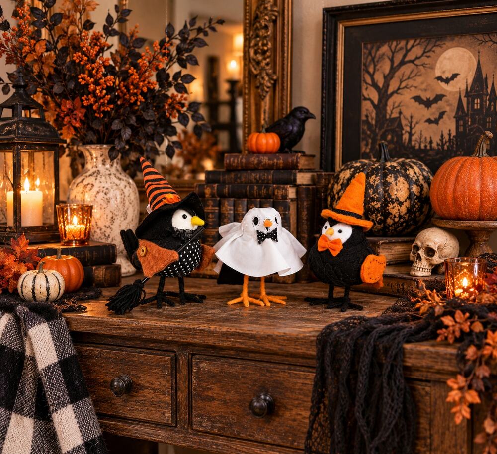 Halloween Bird Figurines Set 3 Witch Ghost Pumpkin Felt Tabletop Decor Spooky